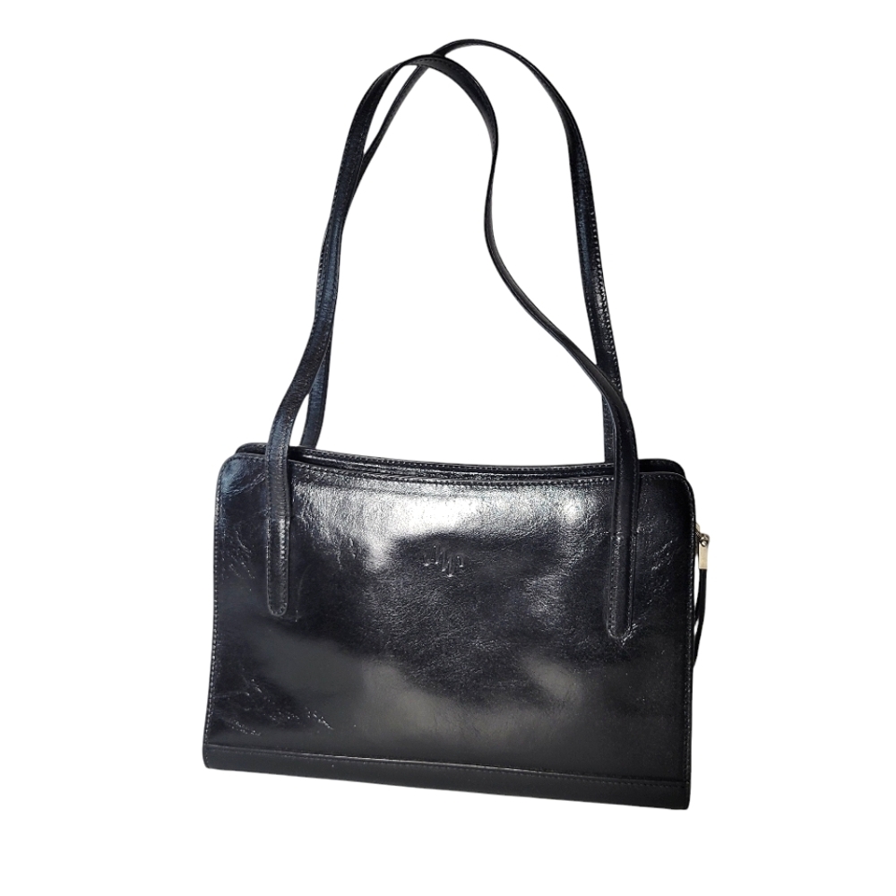 Vintage Monsac black leather handbag with goldtone hardware